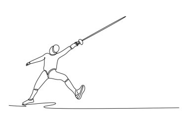 Güçlü bir saldırıda sürekli olarak profesyonel eskrimciyi ileri doğru çekiyor. Dinamik hareketi, sporu, hassasiyeti ve agresif stratejiyi sembolize ediyor. Tek çizgi çizimi tasarım vektörü grafik çizimi