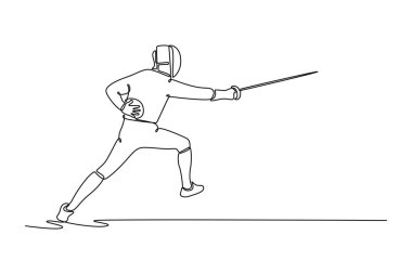 Bir çizgi, kararlı hamlede aktif eskrimci içeriyor, belirleyici vuruş anını ve iniş vuruşunu temsil ediyor. Modern sürekli çizgi çizimi tasarım grafik vektör çizimi