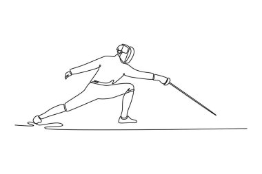 Çekici bir eskrimciyi hamlede tam genişletmeye devam ediyor. Gücü, aktifliği, hızı ve saldırı için gereken hassasiyeti sembolize ediyor. Dinamik bir çizgi çizer grafik tasarım vektörü çizer