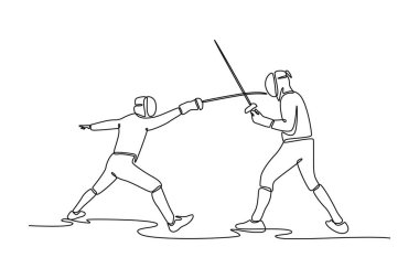 Tek sıra halinde iki eskrimci folyolarıyla geriliyor. Stratejik savaşı, disiplini ve rekabetin heyecanını sembolize ediyor. Aralıksız çizgi çizimi tasarım grafik vektör çizimi