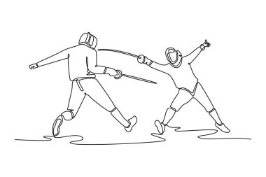 Tek sıra, iki eskrimciyi dinamik bir hamleyle savuşturuyor. Zarif hareketi ve stratejik spor yeteneğini sembolize ediyor. Modern sürekli çizgi çizimi tasarım grafik vektör çizimi