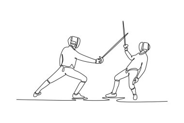 Tek sıra, dinamik bir hamlede iki eskrimci çekiyor ve geri çekiliyor. Stratejik çevikliği ve rekabetçi sporların zarafetini sembolize ediyor. Modern sürekli çizgi çizimi tasarım grafik vektör çizimi