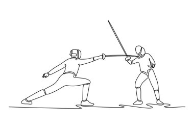 Sürekli iki eskrimci birbirine dokunurken gergin bir düello yapıyor. Stratejik savaş, yetenek ve zarif yüzleşmeyi sembolize ediyor. Tek çizgi çizimi tasarım vektörü grafik çizimi