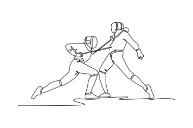 İki eskrimcinin tek çizgi çizimi dinamik bir dövüşte. Rekabeti, stratejik savaşı ve heyecan verici sporu simgeliyor. Modern sürekli çizgi çizimi tasarım grafik vektör çizimi