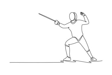 Uygun bir eskrimci çizgisi sürekli olarak dinamik bir saldırıya hazırlanıyor. Spor için gerekli stratejik çevikliği ve zihinsel hazırlığı sembolize ediyor. Tek çizgi çizimi tasarım vektörü grafik çizimi
