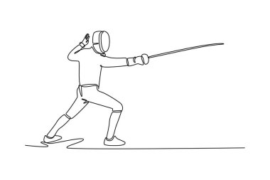 Tek sıra çizen eskrimci folyosunu hazır tutuyor. Stratejik hazırlığı ve yetenekli kılıç ustasının zarafetini sembolize ediyor. Modern sürekli çizgi çizimi tasarım grafik vektör çizimi