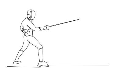 Güçlü bir eskrimci uzun bir folyoyla saldırmaya hazırlanıyor. Nişandan önce taktiksel hazırlığı ve odaklanmayı temsil ediyor. Tek çizgi çizimi tasarım vektörü grafik çizimi