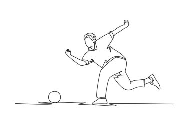 Tek çizgi, topu attıktan sonra erkek bovling oyuncusu poz veriyor. Sıvı hareketi ve sporun atletik zarafetini sembolize ediyor. Aralıksız çizgi çizimi tasarım grafik vektör çizimi