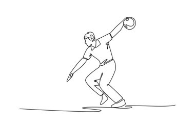Dinamik bir bovling vuruşunda profesyonel bowling oyuncusu çizen tek çizgi. Sporun akıcı hareketini, yeteneğini ve gücünü sembolize ediyor. Modern sürekli çizgi çizimi tasarım grafik vektör çizimi