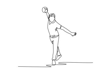 Sürekli bir çizgi halinde, topu arka arkaya tutarak profesyonel erkek bovling atleti çiziyor. Sembolize eden atletik duruş, akıcı hareket, enerjik. Tek çizgi çizimi tasarım vektörü grafik çizimi