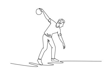 Tek sıra halinde, genç bovling atleti mükemmel bir vuruş yapmak için gereken denge ve konsantrasyonu temsil ediyor. Bir çizgi çizimi grafik tasarım vektör çizimi