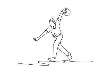 Çekici erkek bovling oyuncusu topu atmak için kolunu geriye doğru sallıyor. Atletik yetenek ve dinamik hareketi sembolize ediyor. Modern sürekli çizgi çizimi tasarım grafik vektör çizimi