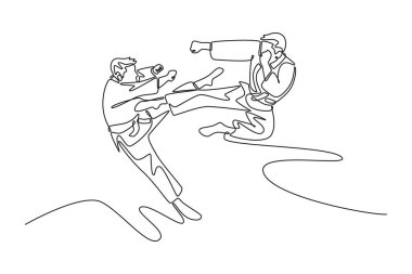 Tek sıra halinde iki erkek sporcu havada uçan tekmeler atıyor. Dövüş sanatlarını, gücünü, yeteneğini ve zarifliğini sembolize ediyor. Dinamik bir çizgi çizer grafik tasarım vektörü çizer