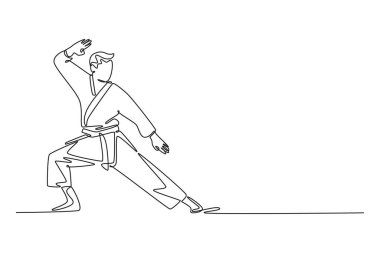 Tek çizgi, erkek karate sporcusunu güçlü bir savunma duruşuna çekiyor. Dövüş sanatlarının gücü, disiplini ve kendini savunma yönünü sembolize ediyor. Aralıksız çizgi çizimi tasarım grafik vektör çizimi
