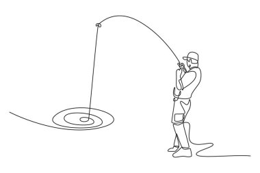 Balıkçıların olta kamışlarıyla olta atması gibi. Balıkçılık, hobi ve balık yakalama mücadelesini sembolize ediyor. Tek çizgi tasarım vektör grafik çizimi