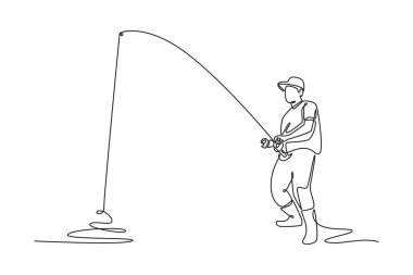 Devamlı bir olta çeken adam oltayla büyük bir balık yakalıyor. Balıkçılık, hobi ve balık yakalama mücadelesini sembolize ediyor. Tek çizgi çizimi tasarım vektörü grafik çizimi