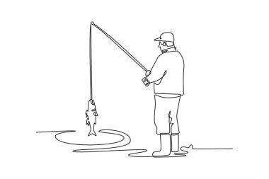 Sudan çıkan balığı yakalamayı kutlayan, zaferi, başarıyı ve ödüllendiren hobiyi sembolize eden bir adamın sürekli bir çizgisi. Tek çizgi çizimi tasarım vektörü grafik çizimi