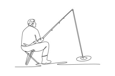 Suya yakın sandalyede oturan bir adam, bu sükunet içinde oltayla balık tutuyor. Sabır, sessiz tefekkür ve açık hava aktivitesi. Tek çizgi çizimi tasarım vektör çizimi