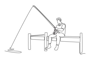 Bu huzurlu rıhtımda tek sıra halinde oturup balık tutan adam. Sabırlı olmayı, derin düşüncelere dalmayı ve dışarıda boş vakit geçirmeyi sembolize ediyor. Bir çizgi çizimi tasarım vektörü illüstrasyonu