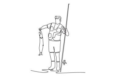 Tek sıra çizen adam yakaladığı balığı tutarak başarılı bir yakalayışı kutluyor. Zaferi, ödülü ve bir hobiyi sembolize ediyor. Bir çizgi çizimi grafik tasarım vektör çizimi