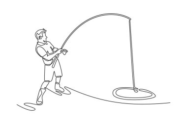 Tek bir çizgi çekici erkek insanı iş başında çekiyor, bir balığı yere indirmek için gereken mücadele, sabır ve konsantrasyonu temsil ediyor. Modern sürekli çizgi çizimi tasarım grafik vektör çizimi