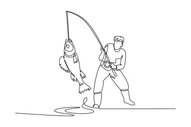 Tek sıra halinde, başarılı yakalamayı kutlayan, sudan balık çıkaran bir adam. Zaferi, başarıyı ve bir hobiyi sembolize ediyor. Aralıksız çizgi çizimi tasarım grafik vektör çizimi