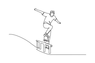 Metal bir korkulukta demiryolu işçisinin sürekli yaptığı bir çizim. Teknik beceri, denge ve kaykay kültürünü sembolize ediyor. Tek çizgi çizimi tasarım vektörü grafik çizimi