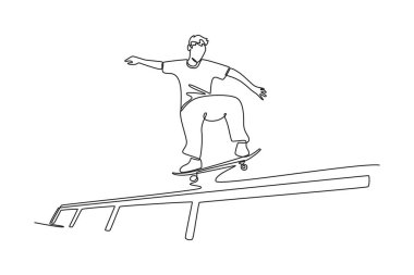 Metal bir korkulukta çekici bir erkeğin demiryolu işçiliğini yaptığı kesintisiz bir çizgi. Teknik beceri, denge ve kaykay kültürünün enerjisi. Tek çizgi çizimi tasarım vektörü grafik çizimi