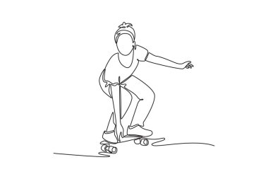 Açık hava parkında sürekli çekici kadın oymacılığı çiziyor. Kadın kaykaycının beceri, çeviklik ve şehir yaşam tarzını temsil ediyor. Tek çizgi çizimi tasarım vektörü grafik çizimi