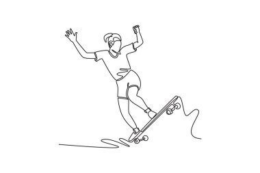 Tek sıra, genç bir bayanı kutlama yaparken çekiyor. Bir kaykaycının yeteneğini, çevikliğini ve şehir yaşam tarzını temsil ediyor. Modern sürekli çizgi çizimi tasarım grafik vektör çizimi