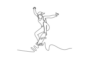Çekici, güzel bir kadının atlama performansı sergilediği tek sıra, kadın kaykaycının beceri, çeviklik ve kentsel yaşam tarzını temsil ediyor. Tek çizgi çizimi tasarım vektörü grafik çizimi