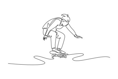 Genç dişiyi akışkan bir hareketle çizen tek sıra, bir kaykaycının konsantrasyon, çeviklik ve kentsel yaşam tarzını temsil ediyor. Dinamik bir çizgi çizer grafik tasarım vektörü çizer