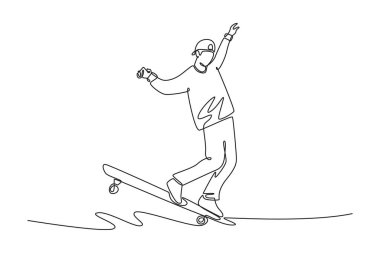 Tek bir çizgi genç bir erkeği akıcı bir hareketle çiziyor, bir kaykaycının günlük tarzını, çevikliğini, dengesini ve kentsel yaşam tarzını temsil ediyor. Modern sürekli çizgi çizimi tasarım grafik vektör çizimi