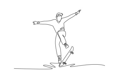 Tek sıra halinde genç bir erkek açık hava parkına atlıyor. Bir kaykaycının beceri, çeviklik ve şehir yaşam tarzını temsil ediyor. Modern sürekli çizgi çizimi tasarım grafik vektör çizimi