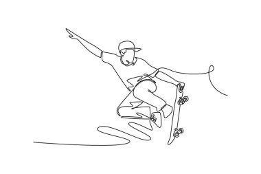 Tek sıra halinde genç ve aktif bir erkek kaykayın üstünde uçuyor. Heyecan verici bir hobi, atletik beceri ve spor hareketi. Modern sürekli çizgi çizimi tasarım grafik vektör çizimi