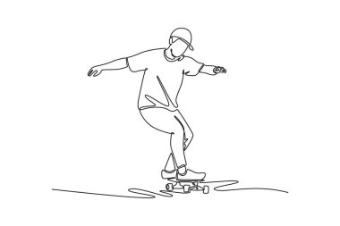 Devamlı bir çizgi, bir kaykaycının günlük tarzını, çevikliğini ve kentsel yaşam tarzını temsil eden akışkan bir hareketle şapkalı genç bir erkek çiziyor. Tek çizgi çizimi tasarım vektörü grafik çizimi