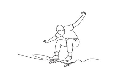 Tek sıra halinde kaykay üzerinde dinamik pozlar veren genç bir erkek. Dengeyi, özgürlüğü ve kaykay kültürünün enerjisini sembolize ediyor. Modern sürekli çizgi çizimi tasarım grafik vektör çizimi