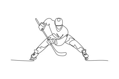 Sürekli bir çizgi halinde erkek sporcuları buzun üzerinde savunmacı bir pozisyona çekiyor. Heyecan verici spor, rekabet ve hokey oyuncusunun hareketi. Tek çizgi çizimi tasarım vektörü grafik çizimi