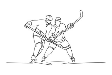 Aralıksız iki buz hokeyi oyuncusunu çeken bir çizgi disk için mücadele ediyor, rekabeti sembolize ediyor, stratejik mücadele, oyunun enerjik başlangıcı. Tek çizgi çizimi tasarım vektörü grafik çizimi