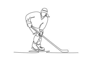Dinamik buz pateni hareketinde kadın buz hokeyi oyuncusunu çeken tek sıra, yapışkan puck. Gücü, atletik yeteneği, dengeli hareketi sembolize eder. Bir çizgi çizimi grafik tasarım vektör çizimi
