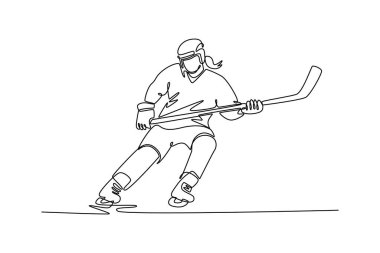 Çekici kadın buz hokeyi oyuncusu paten kayıyor. Çevikliği, gücü ve zarif hareketi temsil ediyor. Dinamik bir çizgi çizer grafik tasarım vektörü çizer