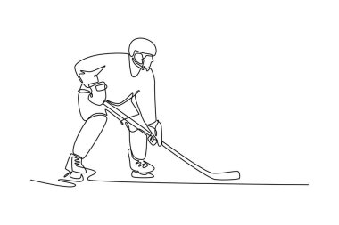 Tek sıra halinde, erkek buz hokeyi oyuncusu elinde sopayla kapalı alanda oyuna başlamaya hazır bekliyor. Agresif hareket, odaklanma, atletik beceri. Aralıksız çizgi çizimi tasarım grafik vektör çizimi