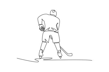 Tek sıra halinde, erkek buz hokeyi oyuncusunu sopası ile arkadan çekiyor. Dengeli hareketi, odaklanmayı ve atletik yeteneği sembolize ediyor. Aralıksız çizgi çizimi tasarım grafik vektör çizimi