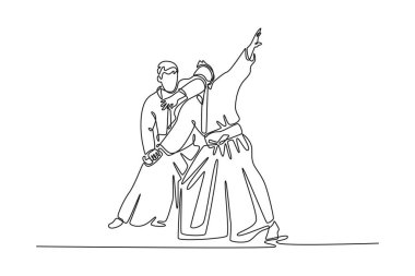 Dinamik bir Aikido hareketi yaparak, bir erkek figürünün partnerinin momentumunu kontrol ettiği ve hassas bir manevra ile dengesini bozduğu sürekli bir çizgi. Tek çizgi çizimi tasarım vektörü grafik çizimi
