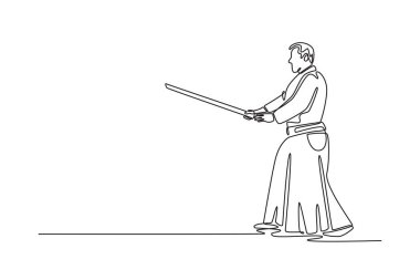 Geleneksel üniformalı tek sıra halinde duran adam, uzun bir personel, disiplinli bir odak ve Aikido silahının hazır olması için hazır bekliyor. Bir çizgi çizimi grafik tasarım vektör çizimi