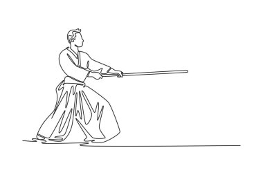Tek sıra halinde, erkek Aikido atleti derin, güçlü bir duruş içinde ileri itiş gücü, disiplin ve silah formunun enerjisini elinde tutuyor. Bir çizgi çizimi grafik tasarım vektör çizimi