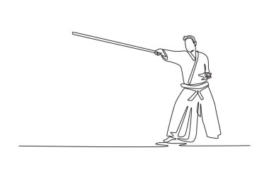 Düşük duruşu olan tek bir çizgi çekme adamı güçlü ileri itiş, odaklanma ve güçlü Aikido silahı formunda uzun süre dayanır. Dinamik bir çizgi çizer grafik tasarım vektörü çizer
