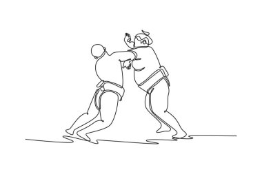 Devamlı bir çizgi iki büyük Sumo güreşçisini mücadeleye sokuyor, biri rakibin kafasına güçlü ve açık bir vuruş yapıyor. Tek çizgi çizimi tasarım vektörü grafik çizimi