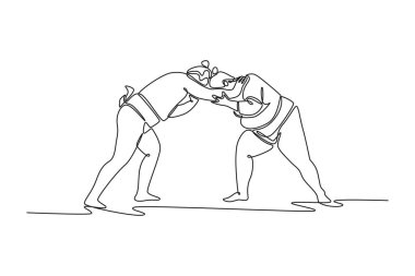 Çatışmadan hemen sonra iki büyük Sumo güreşçisini düşük bükümlü, bükülmüş bir kancaya kilitleyen ve muazzam gücü ortaya koyan bir çizgi devam ediyor. Tek çizgi çizimi tasarım vektörü grafik çizimi
