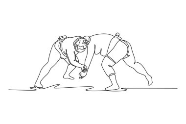 Tek sıra halinde, iki büyük Sumo güreşçisini zapt etmek için yere yakın, tutuş ve pozisyon için yoğun bir mücadeleye sokuyor. Modern sürekli çizgi çizimi tasarım grafik vektör çizimi